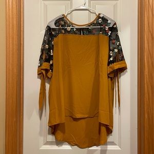 Mustard Yellow Top with Black Mesh Embroidered Neck Line, Shein, size XL